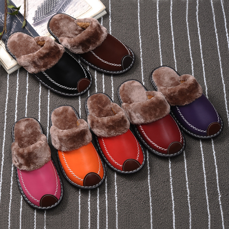 Factory wholesale warm cotton shoes women's winter indoor thick-soled home shoes Korean style fur slippers for men and women lovers leather slippers