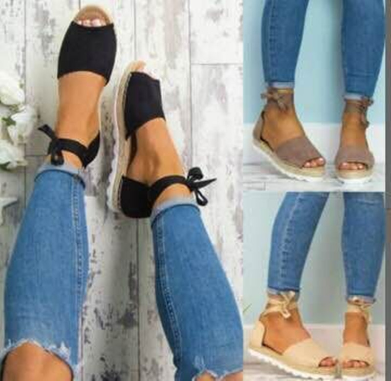 wish Amazon Foreign Trade Foot Ring Strap Large Size European and American Women Flat Heeled Thick Sole Hemp Rope Breathable Sandals