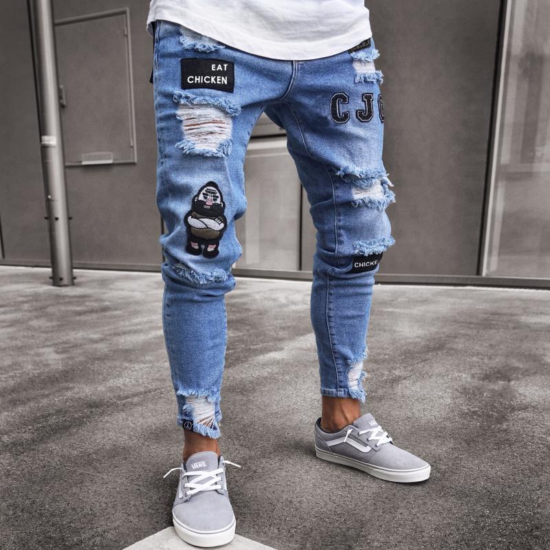 Foreign Trade New Zipper Jeans Men's Fashion Knee Ripped Zipper Foot Ripped New Men's Motorcycle Pants