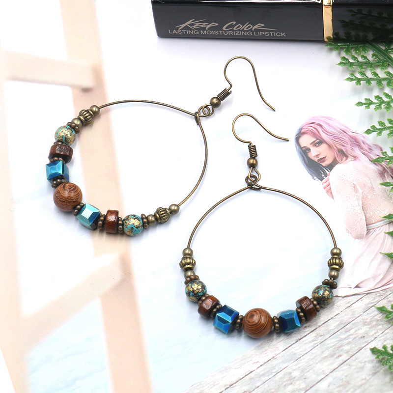 Cross-border Ethnic Style Large Circle Metal Earrings Women's European and American Fashion Round Earrings Creative Wooden Beads Turquoise Accessories