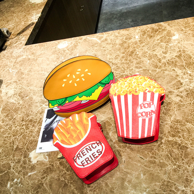 French fries, rice krispies, hamburger buns, new personalized creative bags, cute cartoon one-shoulder diagonal chain small square bags