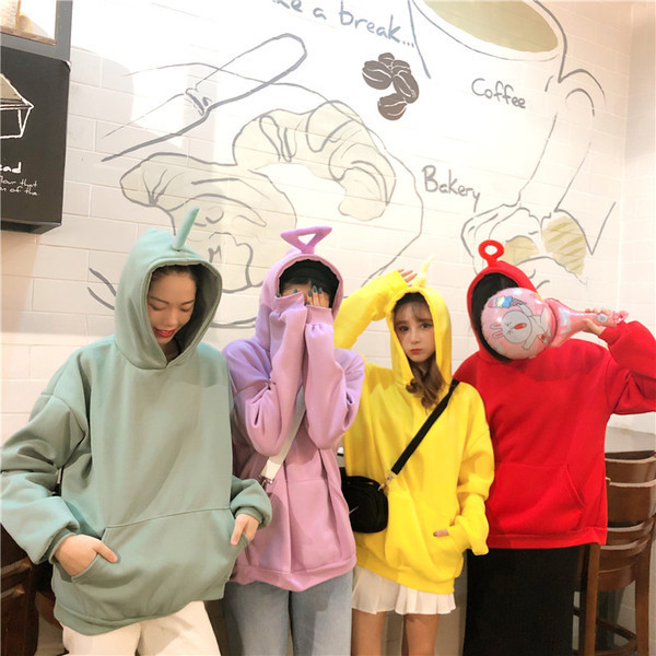Tencel baby 2018 autumn and winter loose slimming fleece-lined thick solid color hooded sweater women's casual student coat