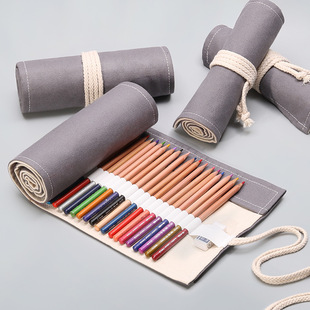 Handmade gray canvas art pen curtain 12 24 36 48 72 hole large capacity roll pencil case color lead sketch stationery bag