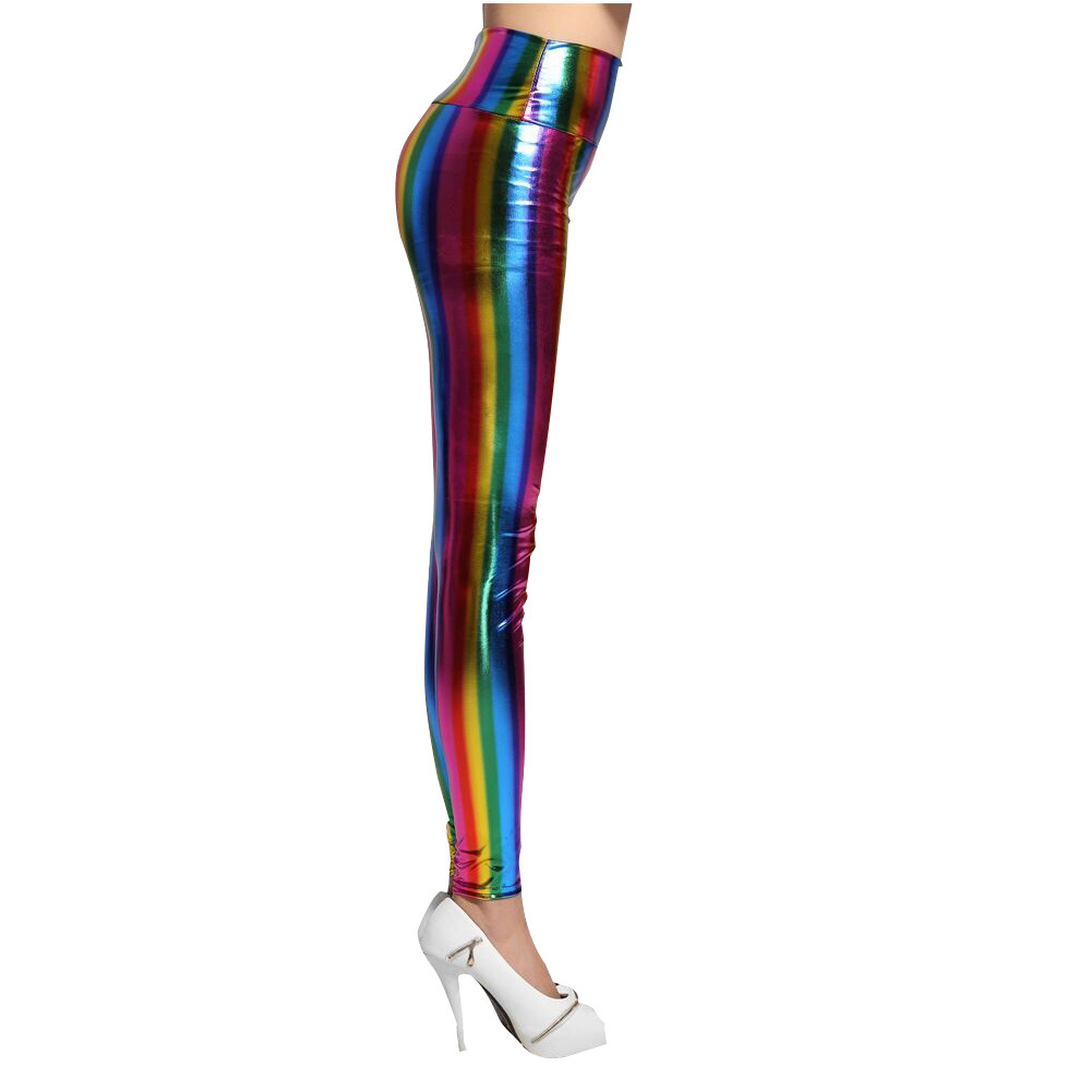 European and American New Sexy Women's Rainbow Bronzing Imitation Leather Leggings Striped Slim-Fit Slimming High Waist Large Size Pants