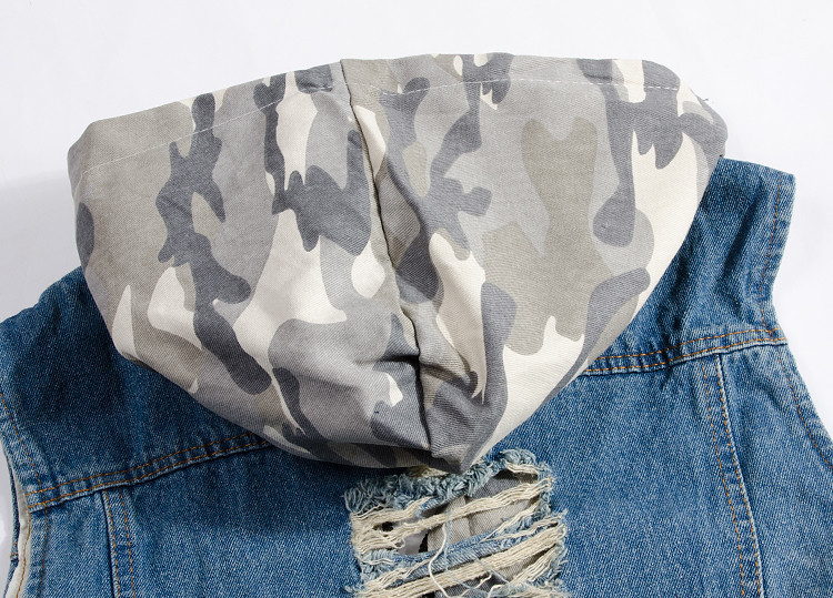New Korean men's ripped denim vest hooded denim vest men's camouflage denim vest a generation of hair