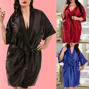 Europe and the United States plus size sexy pajamas imitation silk cardigan waist strap multi-color home patch bag bathrobe set