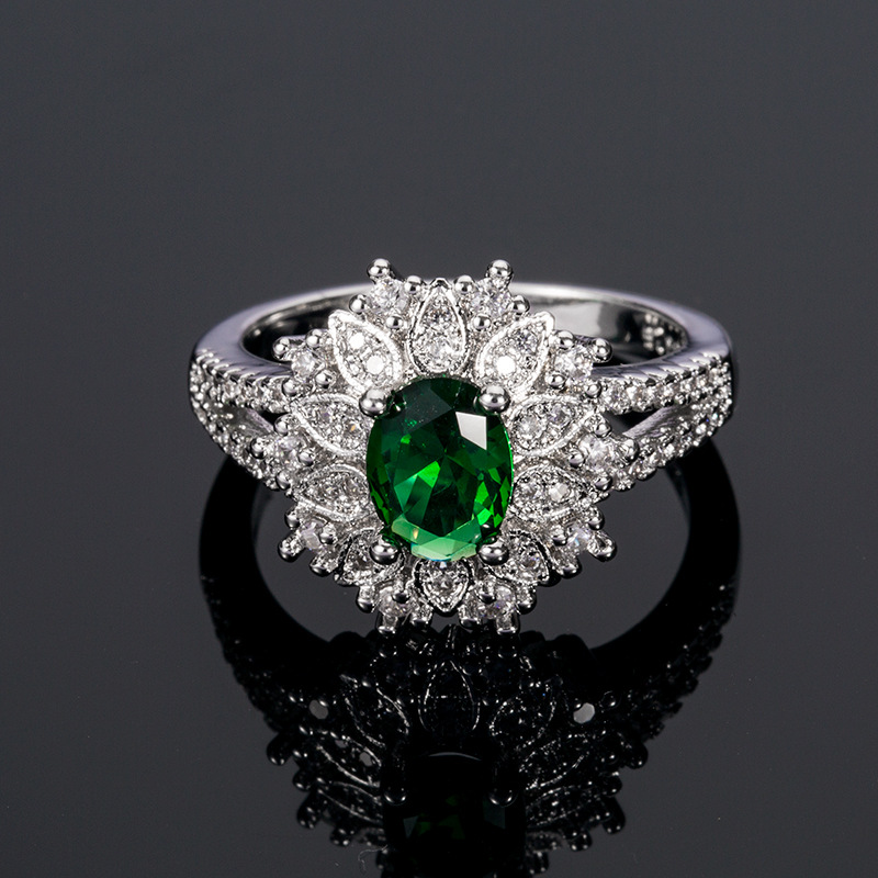 Cross-border new accessories exquisite flower-shaped emerald zircon ring female manufacturers direct supply Foreign Trade wish wholesale