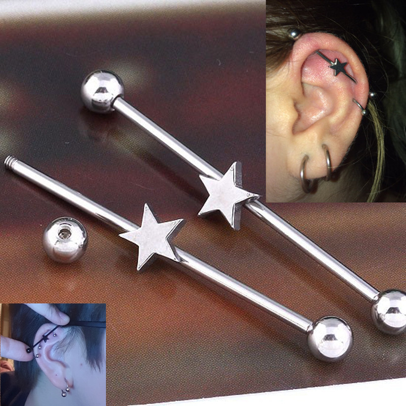 European and American Explosions Earrings Industrial Barbell Retro Personalized Five-pointed Star Industrial Barbell Crossbar