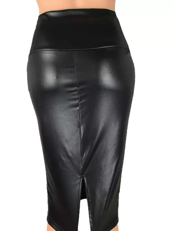 Russian foreign trade European and American style versatile OL imitation leather high waist hip-wrapped knee-length skirt slit hip-wrapped skirt wholesale