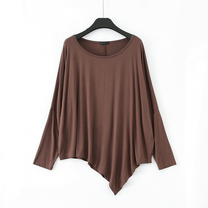 Autumn New Large Size Loose Bat Long-sleeved Irregular Base Shirt Slant Hem Modal T-shirt Dance Top