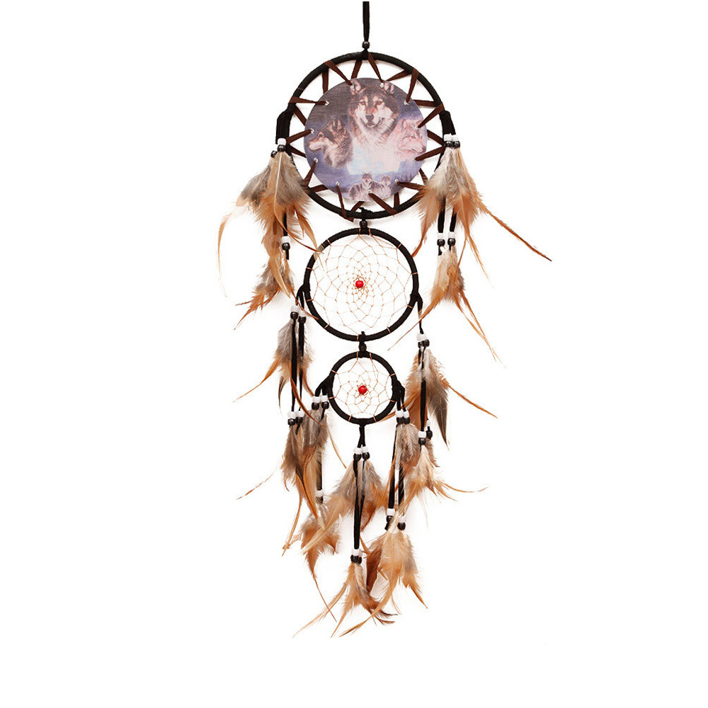 Indian Dream Catcher Wolf Head Oil Painting Dream Catcher Home Wall Decoration Wall Hanging Natural Feather Pendant Big Dream Catcher