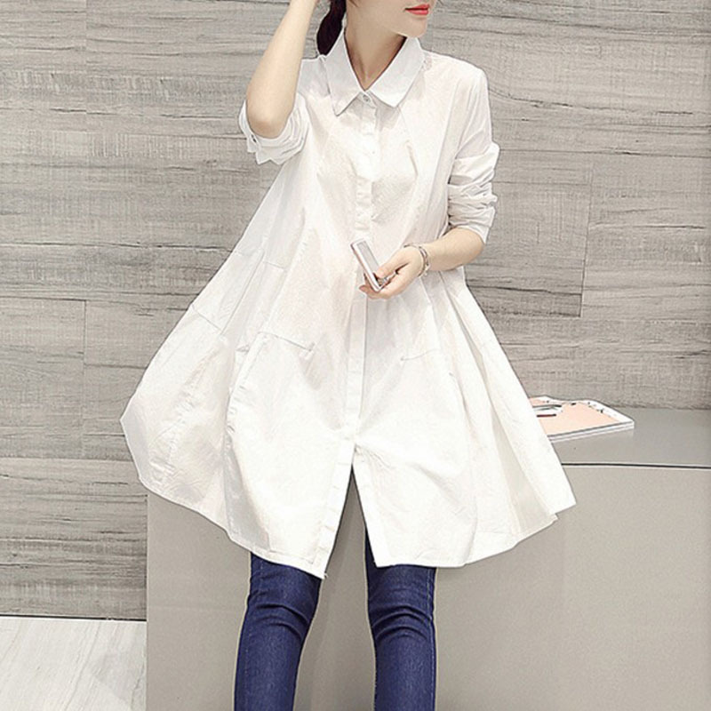 Large Size Women's Clothing Spring New Style Top Fashionable Lapel Large Swing Mid-length Shirt Dress Chubby Girl Loose Shirt