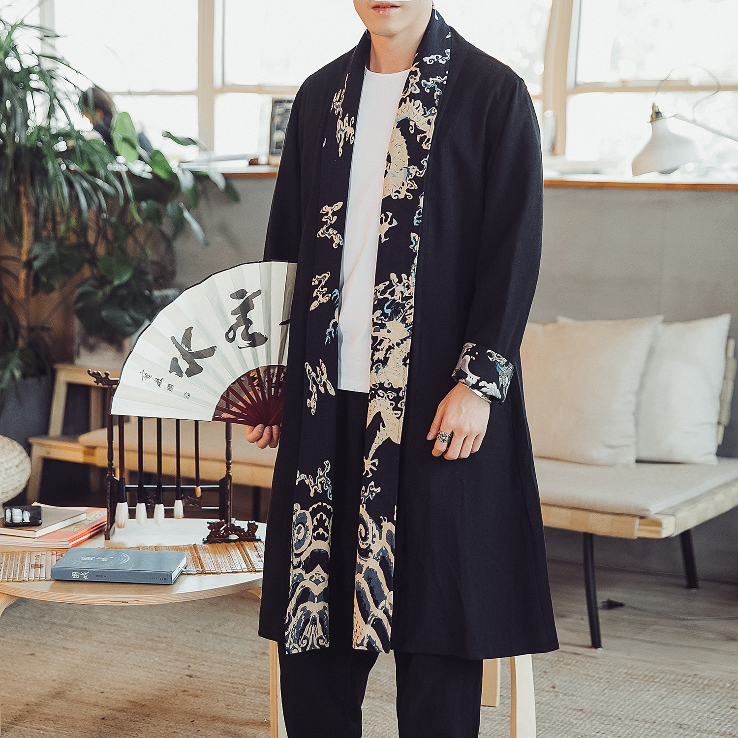 Autumn New Chinese style linen trench coat men's hooded casual loose coat extended stitching overcoat