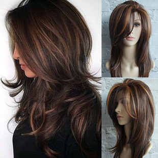 European and American Foreign Trade Women's Wig Golden Brown Highlighting Gradient Long Curly Hair Fluffy Pear Flower Rose Net Long Curly Hair