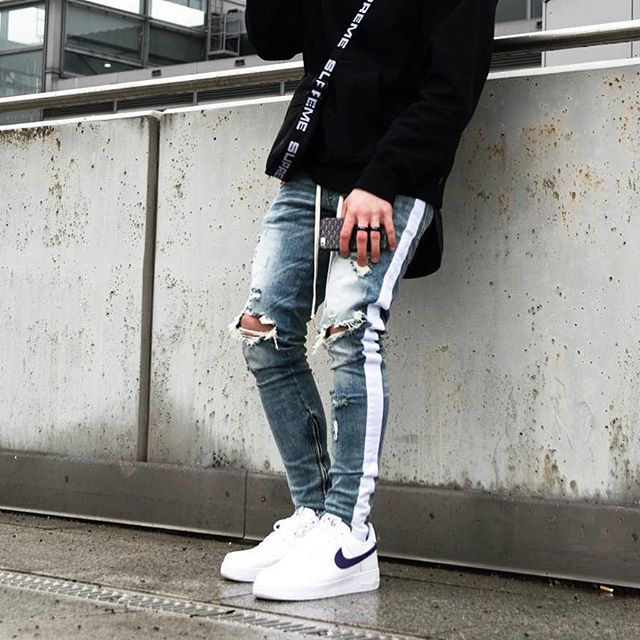 INS Same Style High Street Retro White Strip Side Knee Damage Hole Old Slim Fit Side Zipper Skinny Jeans