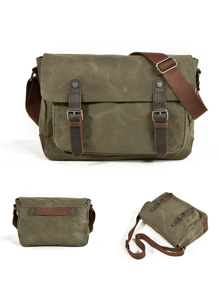 Men's horizontal camera bag casual shoulder bag oil wax canvas with first layer genuine leather bag waterproof SLR camera bag_voghion.com