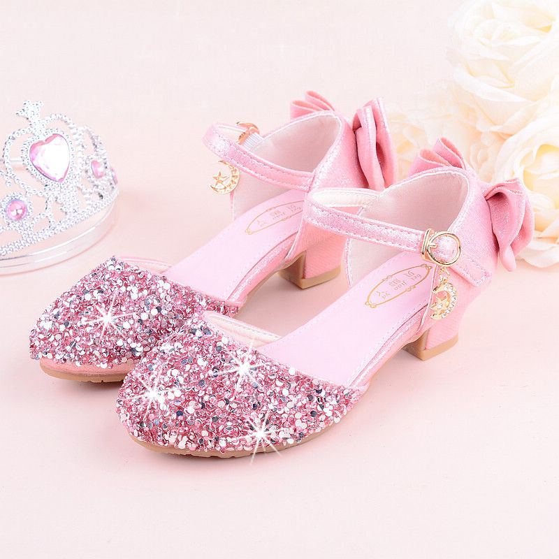 Girls Sandals High Heel 2023 Summer Rhinestone Bow Princess Model Performance Crystal Shoes Silver New Trendy