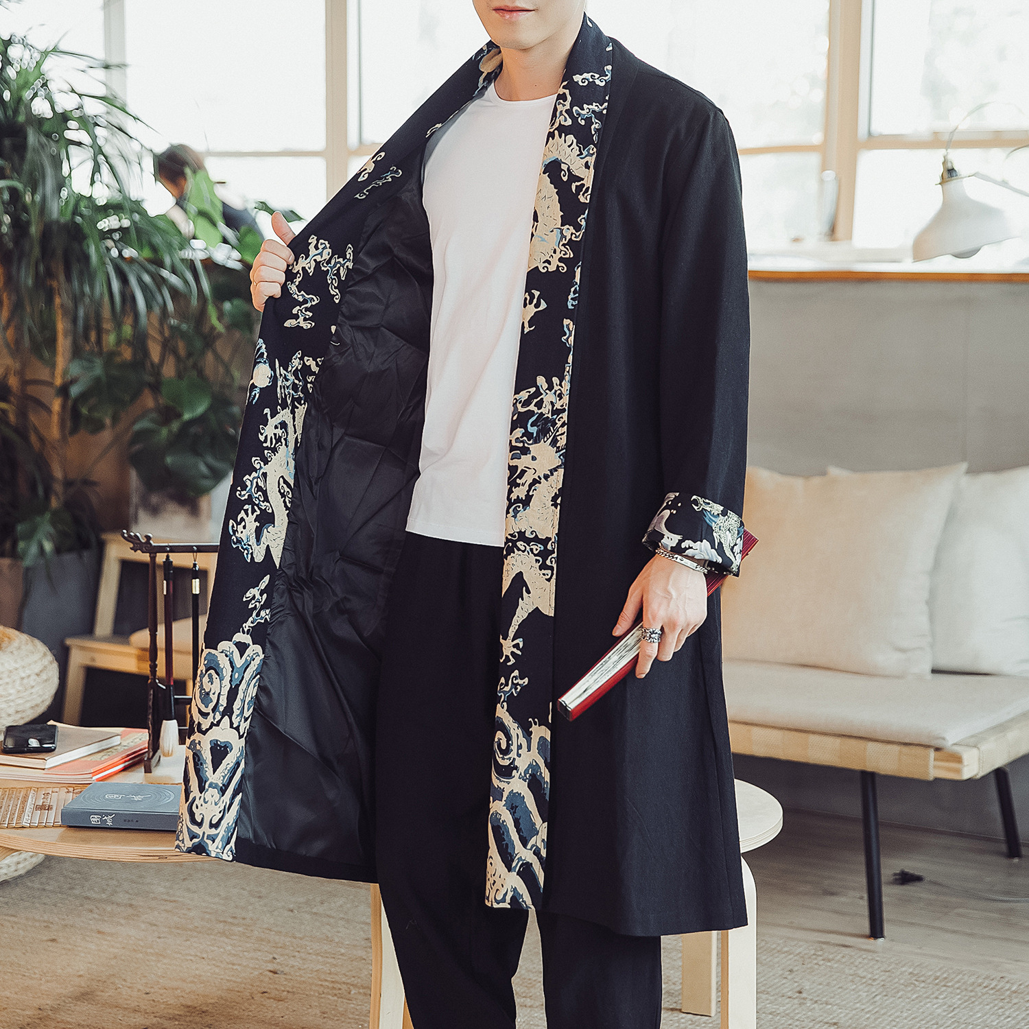 Autumn New Chinese style linen trench coat men's hooded casual loose coat extended stitching overcoat