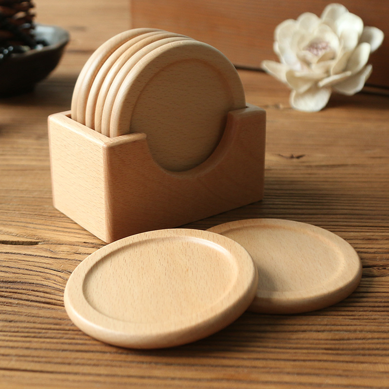 Japanese Style Wooden Coaster suit Black Walnut Solid Wood Round Placemat Heat Insulation Mat 6 Pieces Boxed Base Engraving Logo