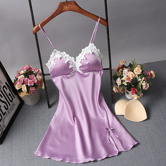 New Style Summer Silk Women's Sling Pajamas with Chest Pad Slim-fit Sexy Charming Silk Nightdress V-neck Base Skirt
