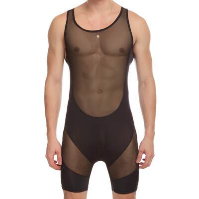 Men's underwear wholesale I-shaped vest underwear jumpsuit sexy semi-transparent mesh muscle body-shaping pyjamas men