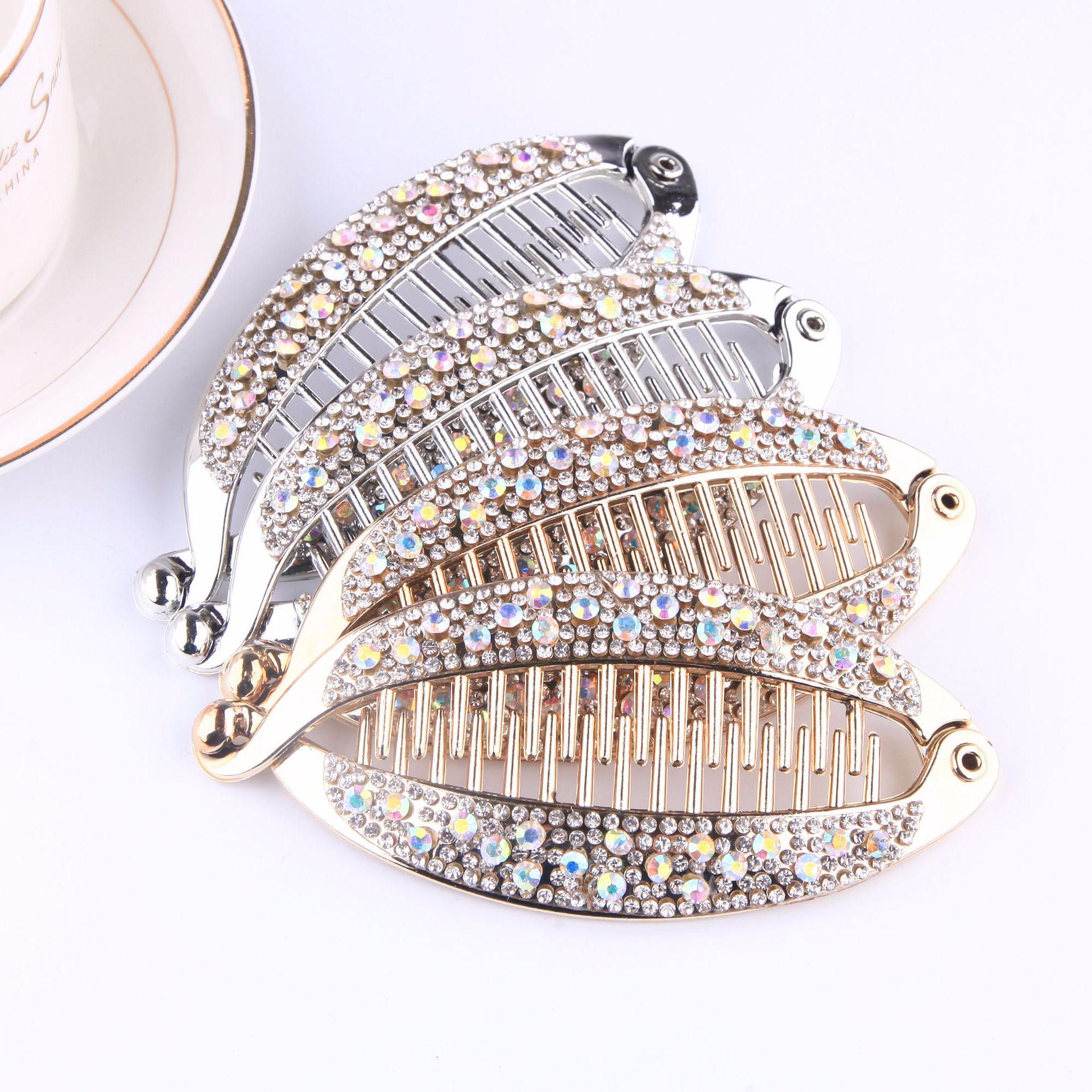 Factory direct supply Korean popular size diamond diamond plating fish clip banana clip medium fish clip hair clip wholesale