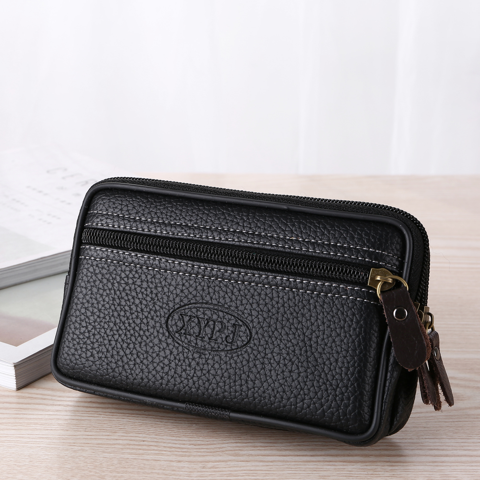 Men's Waist Bag Mobile Phone Bag Outdoor Site Wallet Wear Belt PU Leather Double Zipper Waist Bag Stall Bag