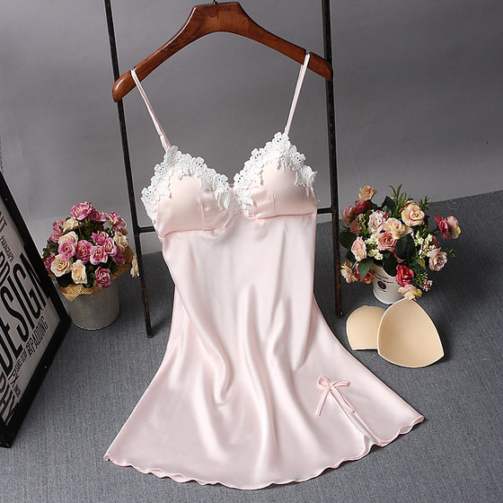 New Style Summer Silk Women's Sling Pajamas with Chest Pad Slim-fit Sexy Charming Silk Nightdress V-neck Base Skirt