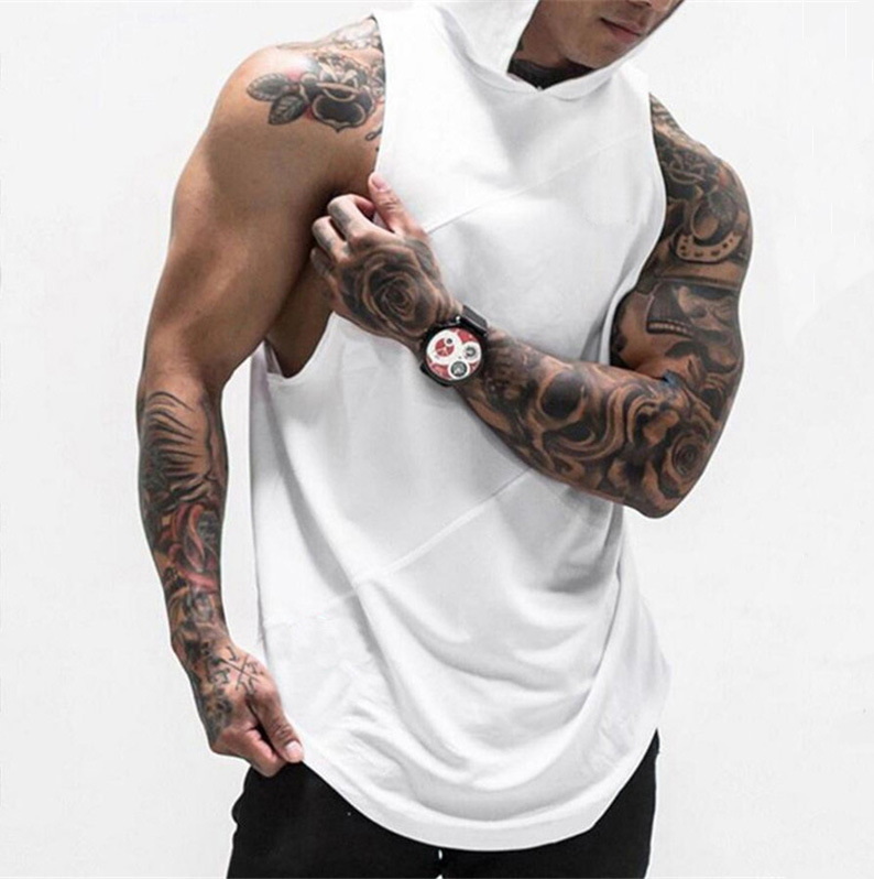 Three-Segment Stitching Cotton Stitching Mesh Men's Fitness Vest Solid Color Pure Cotton Bodybuilding Hooded Long Loose Sleeveless T