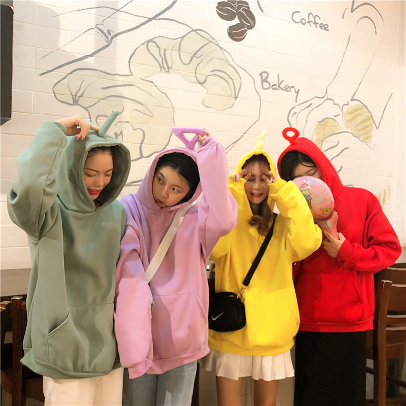 Tencel baby 2018 autumn and winter loose slimming fleece-lined thick solid color hooded sweater women's casual student coat