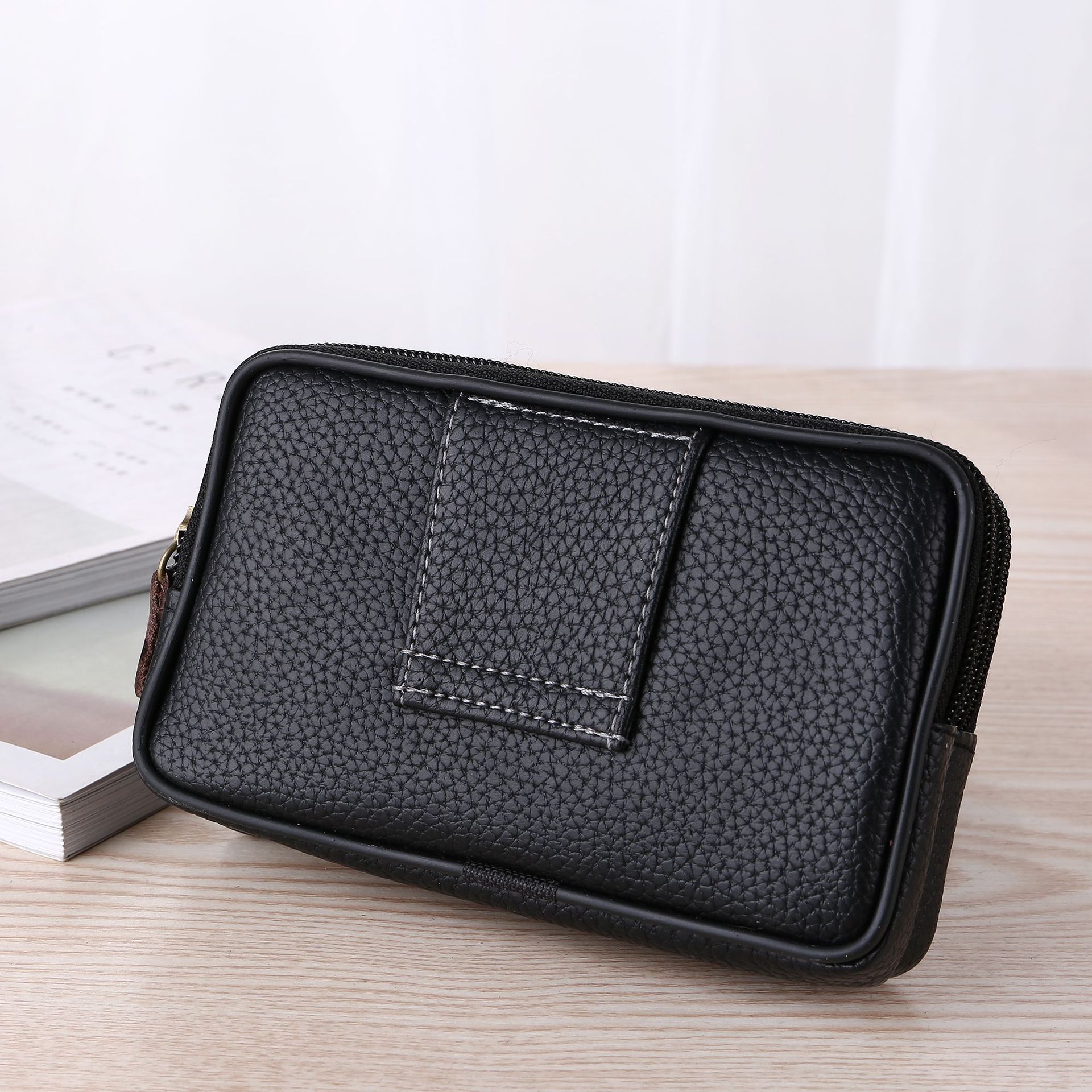 Men's Waist Bag Mobile Phone Bag Outdoor Site Wallet Wear Belt PU Leather Double Zipper Waist Bag Stall Bag