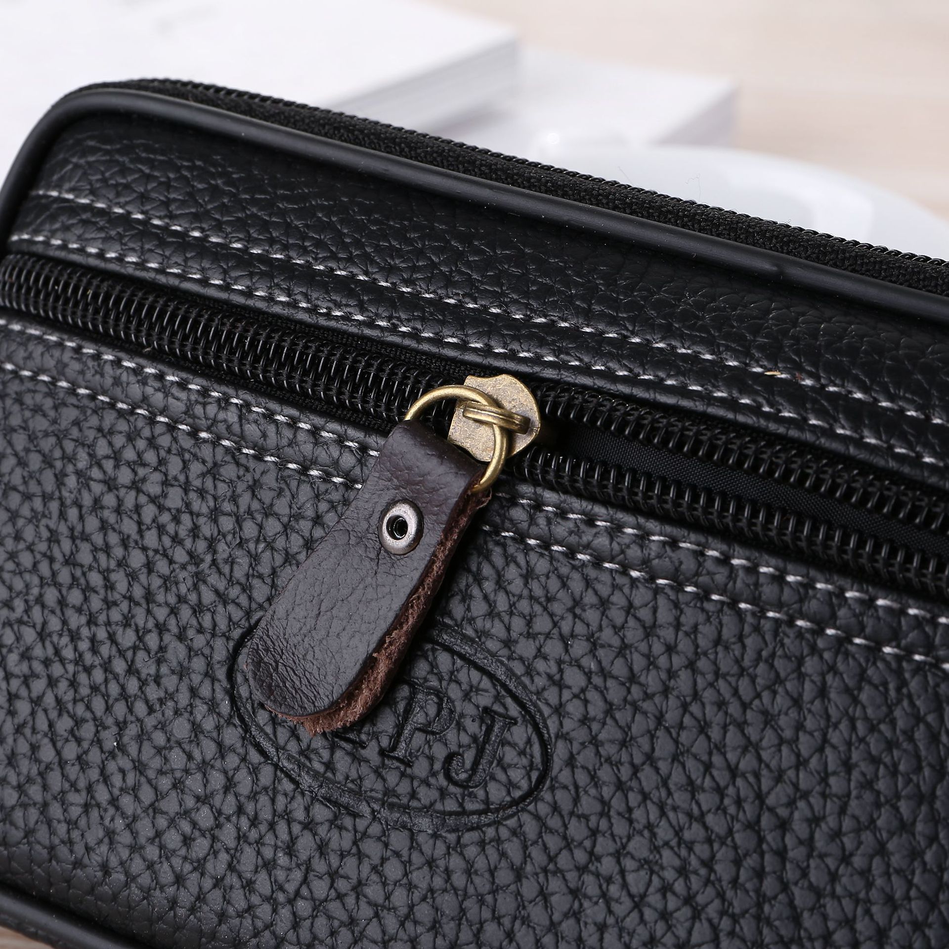 Men's Waist Bag Mobile Phone Bag Outdoor Site Wallet Wear Belt PU Leather Double Zipper Waist Bag Stall Bag