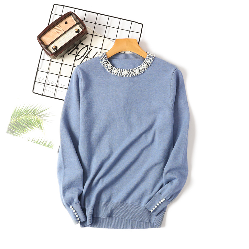 Korean Style New Autumn and Winter Beaded Pullover Sweater Women's Round Neck Long Sleeve Knitted Sweater Loose Slimming Temperament Base Shirt for Women