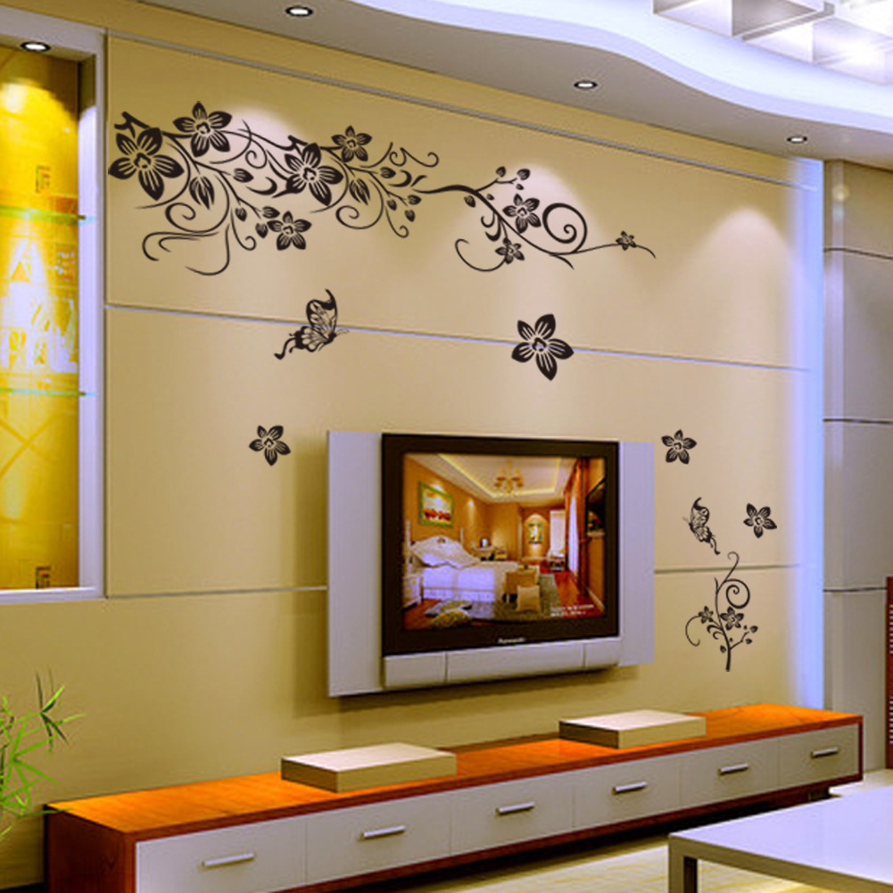 [ZY027S] Foreign Trade Explosions Black Butterfly Flower Diagonal Flower Vine European and American Black TV Background Wall Stickers