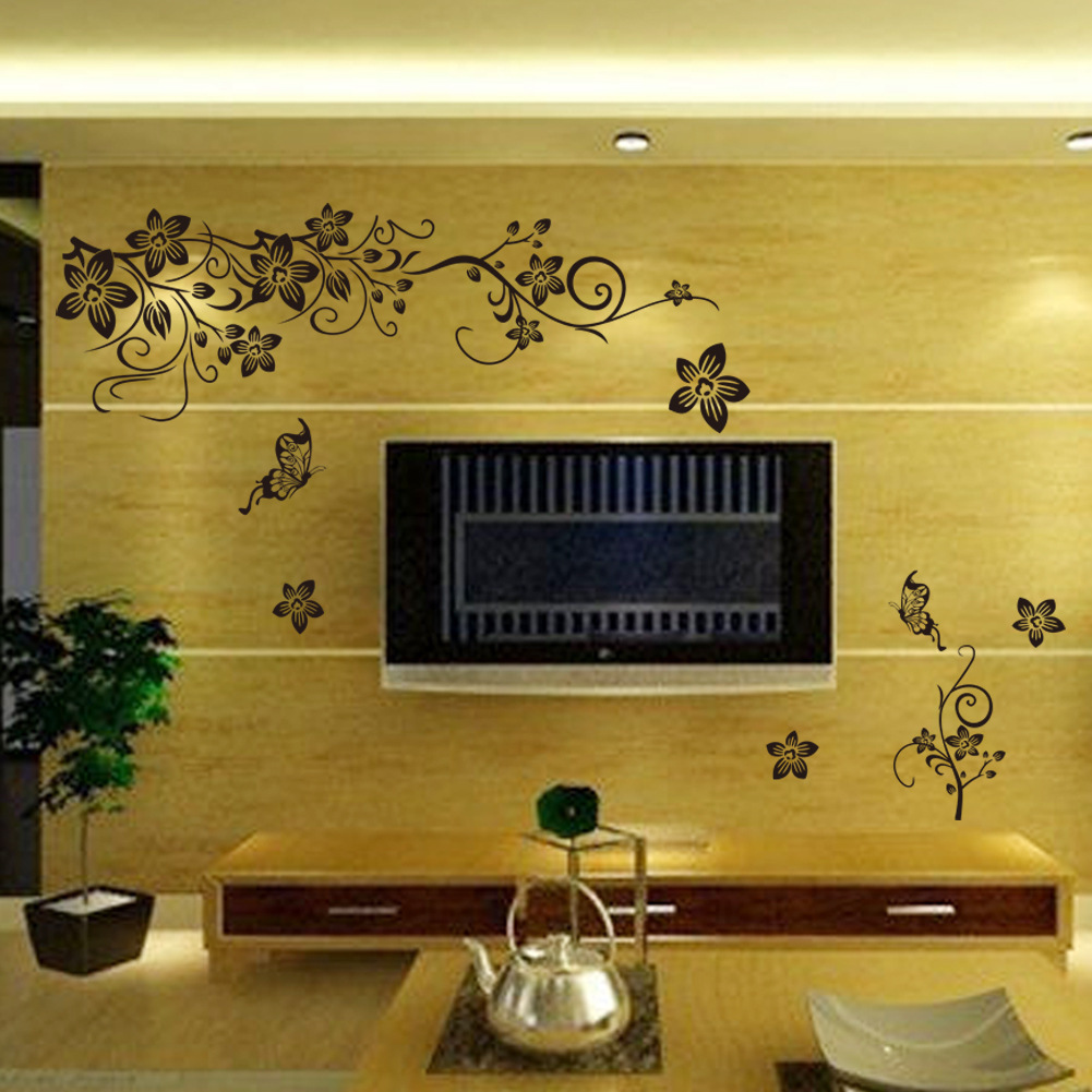 [ZY027S] Foreign Trade Explosions Black Butterfly Flower Diagonal Flower Vine European and American Black TV Background Wall Stickers
