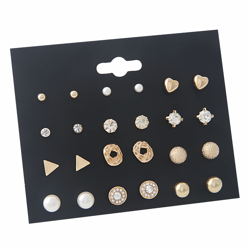 Korean-style versatile geometric pearl earring set with heart-shaped diamond cubic zirconia earrings for women, small accessories