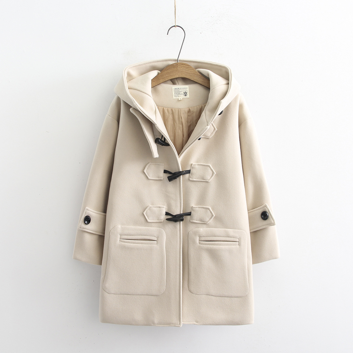 Cappotto di lana con bottoni in corno da donna, autunno e inverno, di media lunghezza, con cappuccio, per studenti, piccolo cappotto S14281_voghion.com