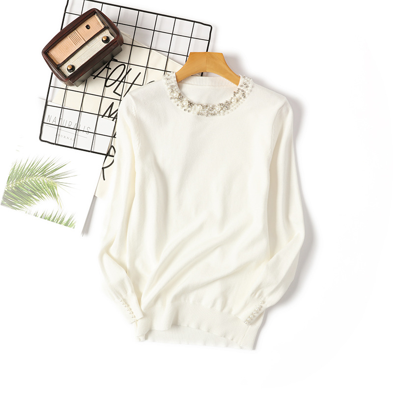 Korean Style New Autumn and Winter Beaded Pullover Sweater Women's Round Neck Long Sleeve Knitted Sweater Loose Slimming Temperament Base Shirt for Women