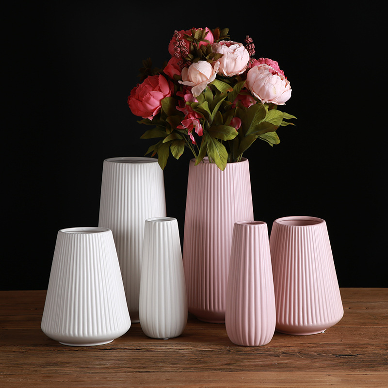 Wholesale Vertical Pattern Mediterranean Ceramic Vase Nordic Modern Simple White Powder Gray Ornaments Flower Arrange Home Scrub