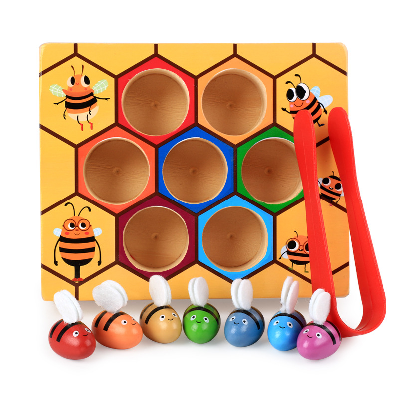 Wooden children's Montessori educational clip music Beehive Game early education educational color cognitive clip little bee toy