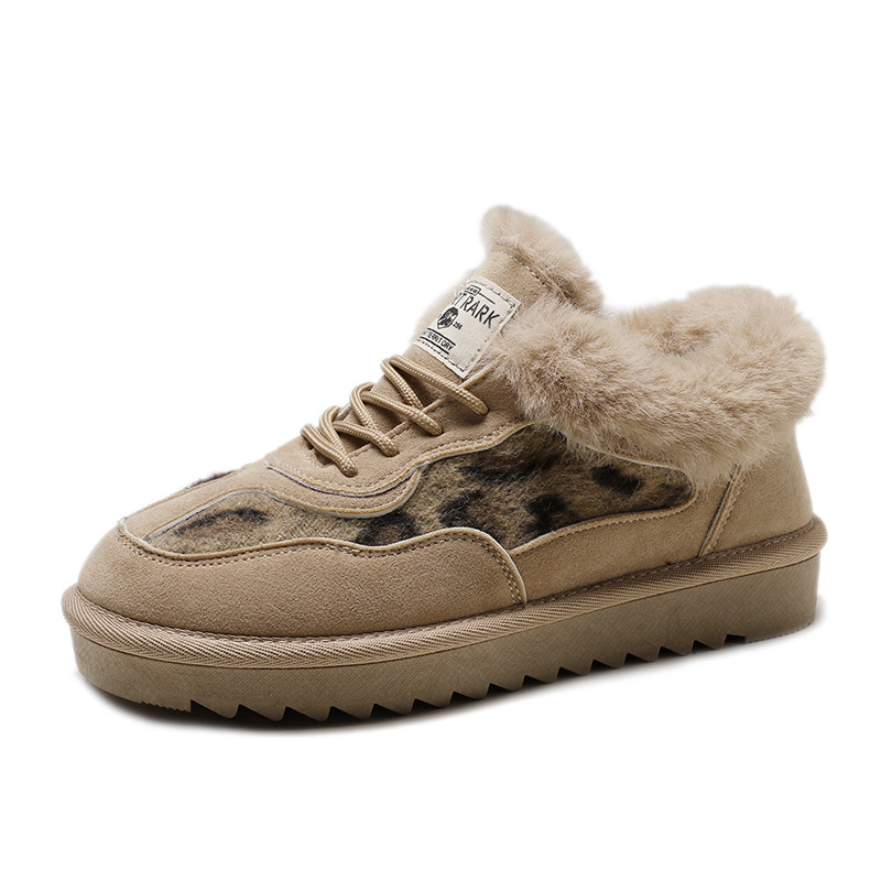 Snow boots women's new women's autumn and winter round head leopard print lace-up Mao Mao short tube low beige velvet winter boots cotton shoes