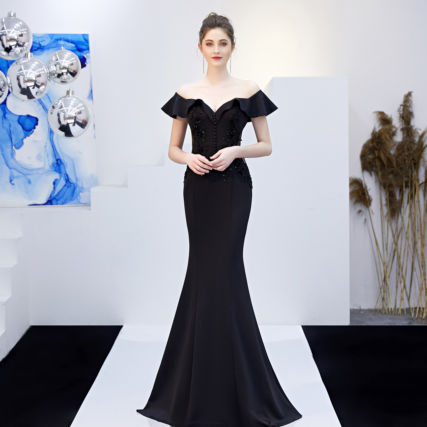 16268# Toast Dress Bride Long Red Off-shoulder Appreciation Banquet Slim Fishtail Dress Wedding Evening Dress for Women