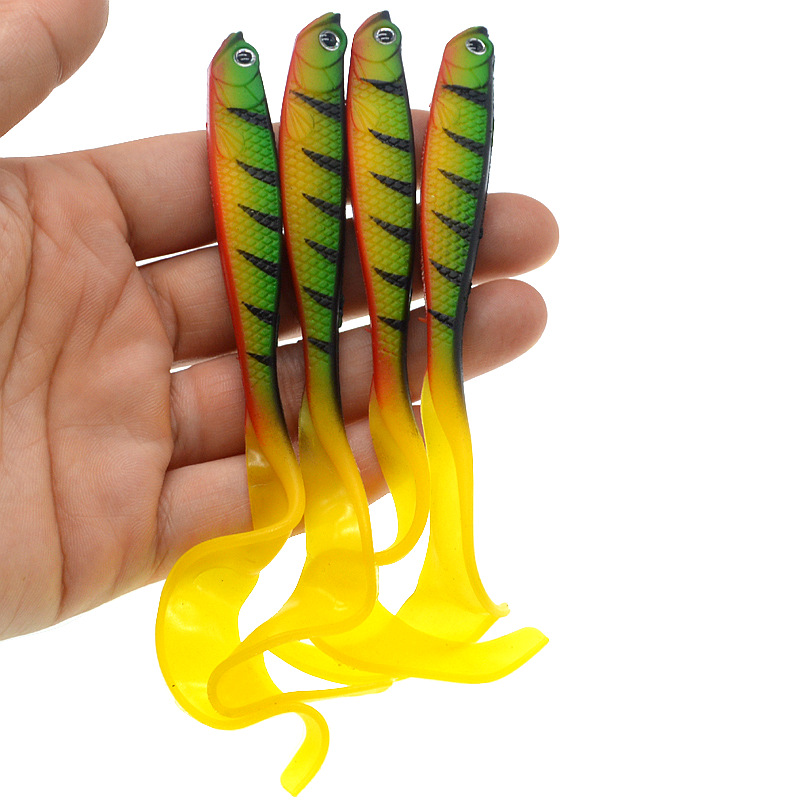 Open belly fish long coil tail soft bait Luya bait green leopard print fake bait empty freshwater fishing gear proposed bait