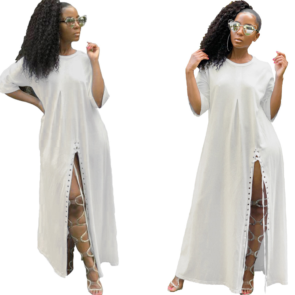 L0274 AliExpress Amazon European and American Sexy Round Neck Solid Color Loose Casual Summer White Dress