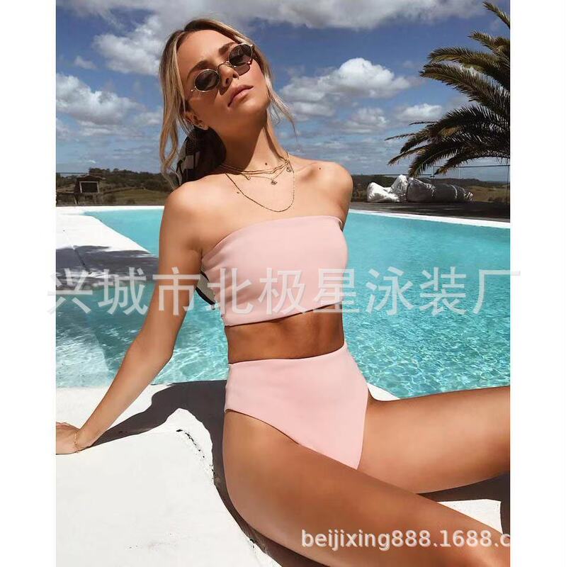 欧米の保守的な女性のハイウエストの分体ビキニの水着のビキニの純色のセクシーな胸のbikini|undefined