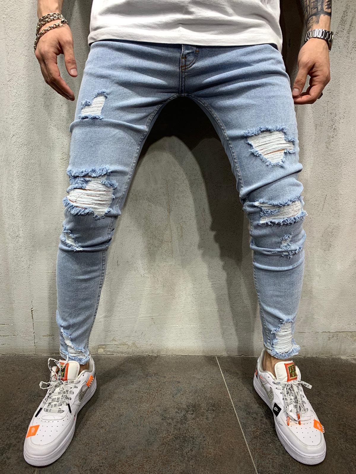 European and American High Street Men's Slim-fit Small Foot Scraping Denim Trousers Trendy Youth Ripped Jeans Large Size