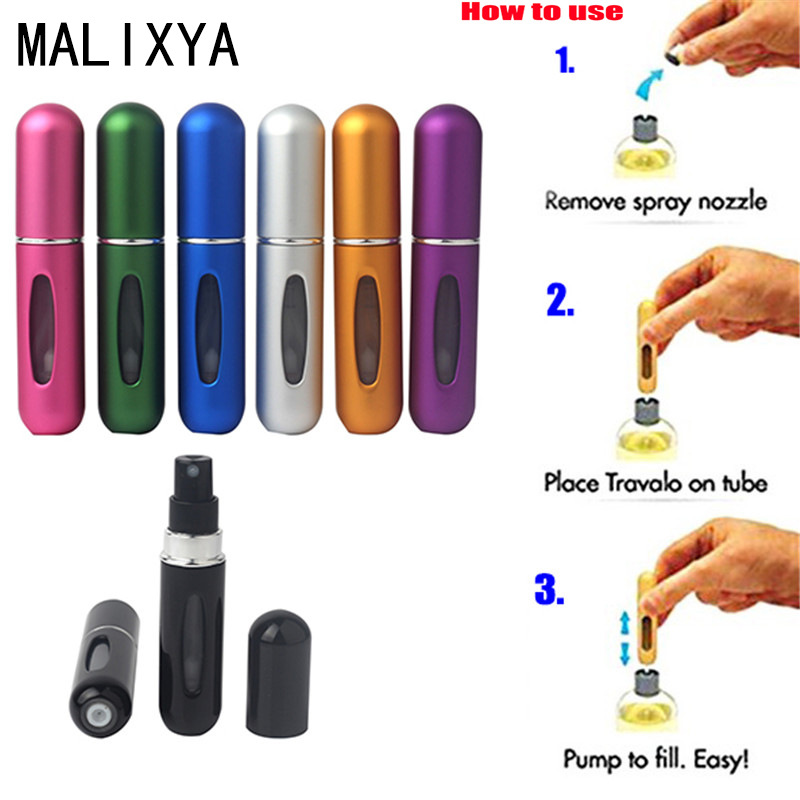 In stock liquid filling spray sub-packaging cosmetic bottle 5ML portable rechargeable aluminum self-Pump Bottom filling perfume bottle