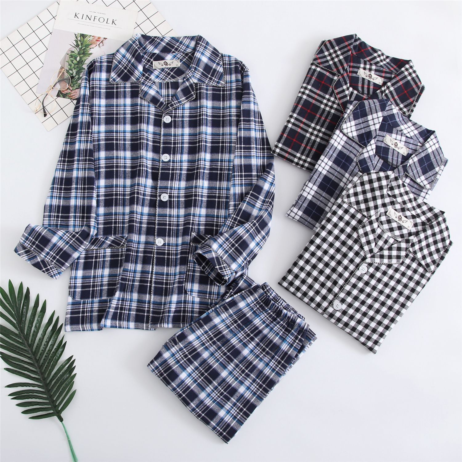Pajamas Autumn and Winter Men's Brushed Fleece Flannel Warm Extra Large Wearable Long Sleeve Lattice Suit Home Clothes