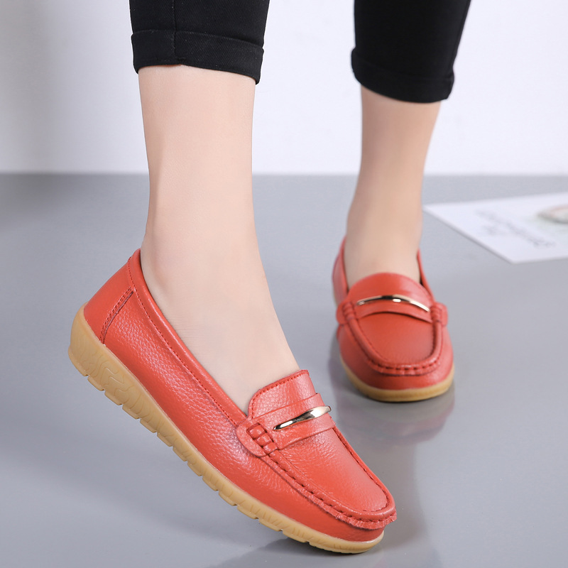 2023 New Cross-border Two-layer Cowhide Middle-aged and Elderly Mother Shoes Women's Single Shoes Bean Shoes Genuine Leather Soft Bottom Wedge Nurse
