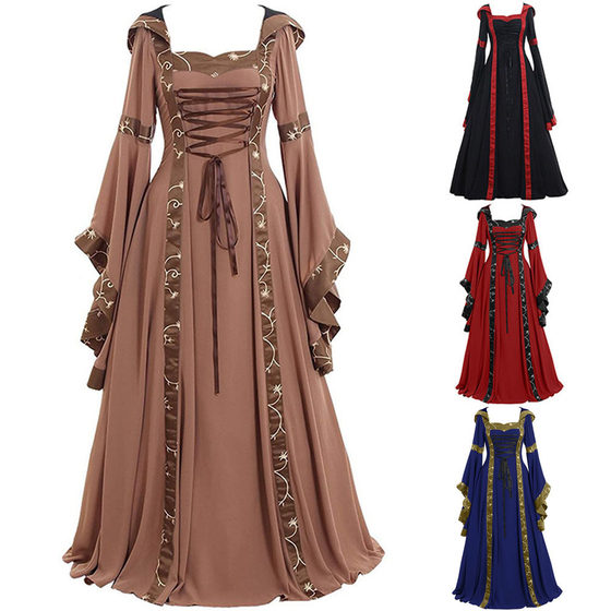 2024wish Foreign Trade European and American Medieval Retro Hooded Dress Square Neck Lace-up Horn Sleeve Large Dress